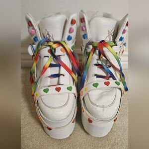 DOLLS KILL YRU Rare Rave Hightop Platforms with rainbow Laces And Heart Strap